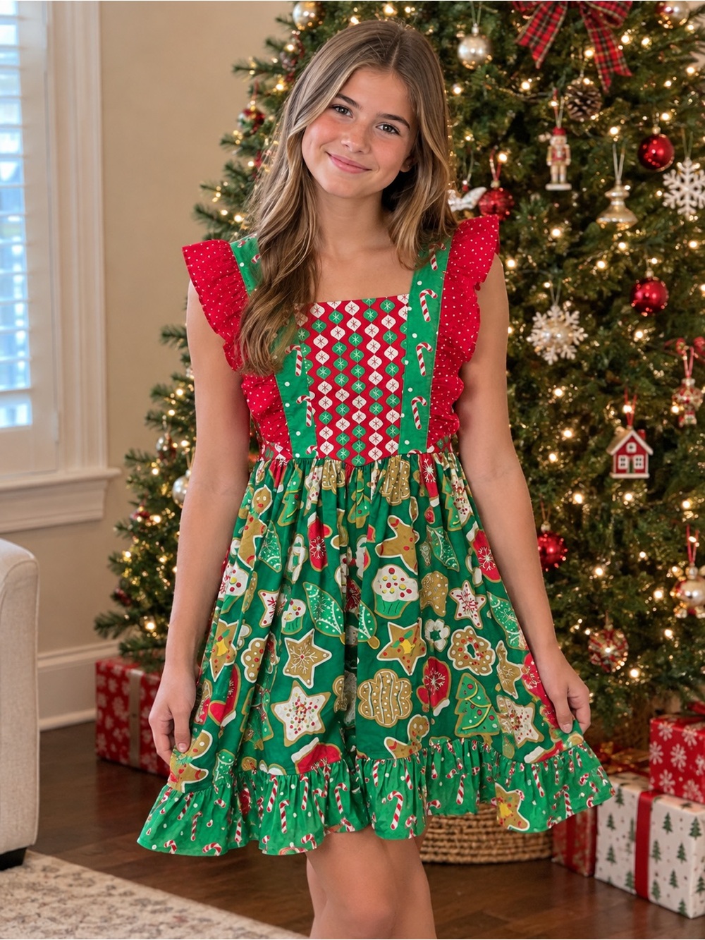 Eleanor Rose 10-12 Holiday Cookie Print Green and Red Christmas Holiday Dress
